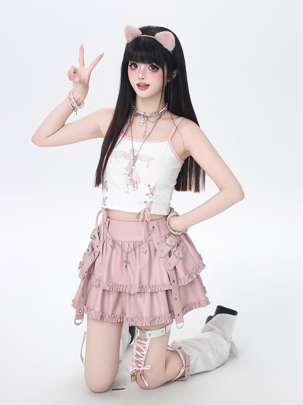 CRAZYGIRL Edgy Punk Chain Tiered Puff High Waist Women's Faux Leather Mini Skirts