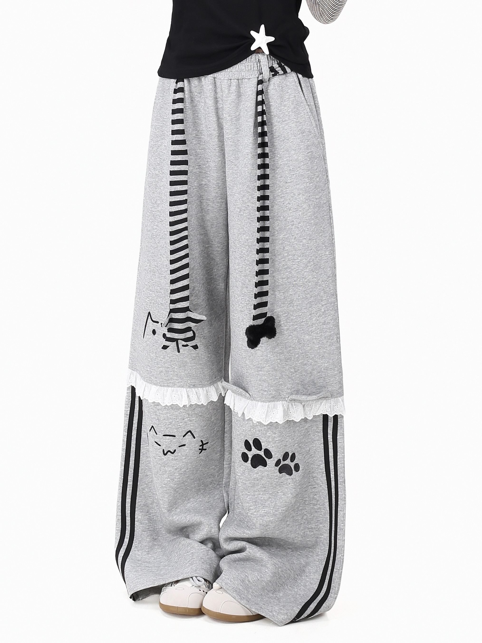 CRAZYGIRL_Embroidered_Cat_Lace_Trim_Polka_Dot_High_Waist_Women's_Relaxed_Straight_Chinos_1062254329033_MISSTT