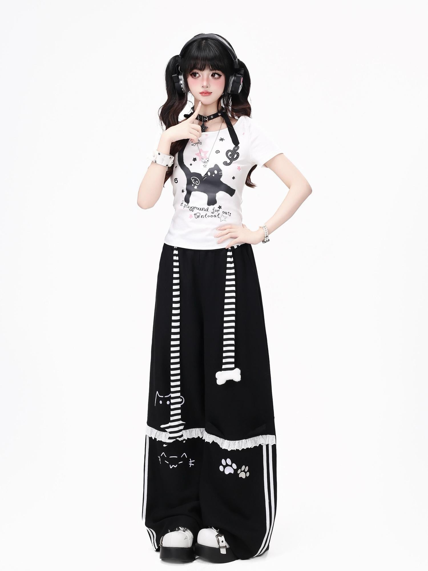 CRAZYGIRL Embroidered Cat Lace Trim Polka Dot High Waist Women's Relaxed Straight Chinos