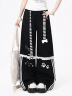 CRAZYGIRL Embroidered Cat Lace Trim Polka Dot High Waist Women's Relaxed Straight Chinos