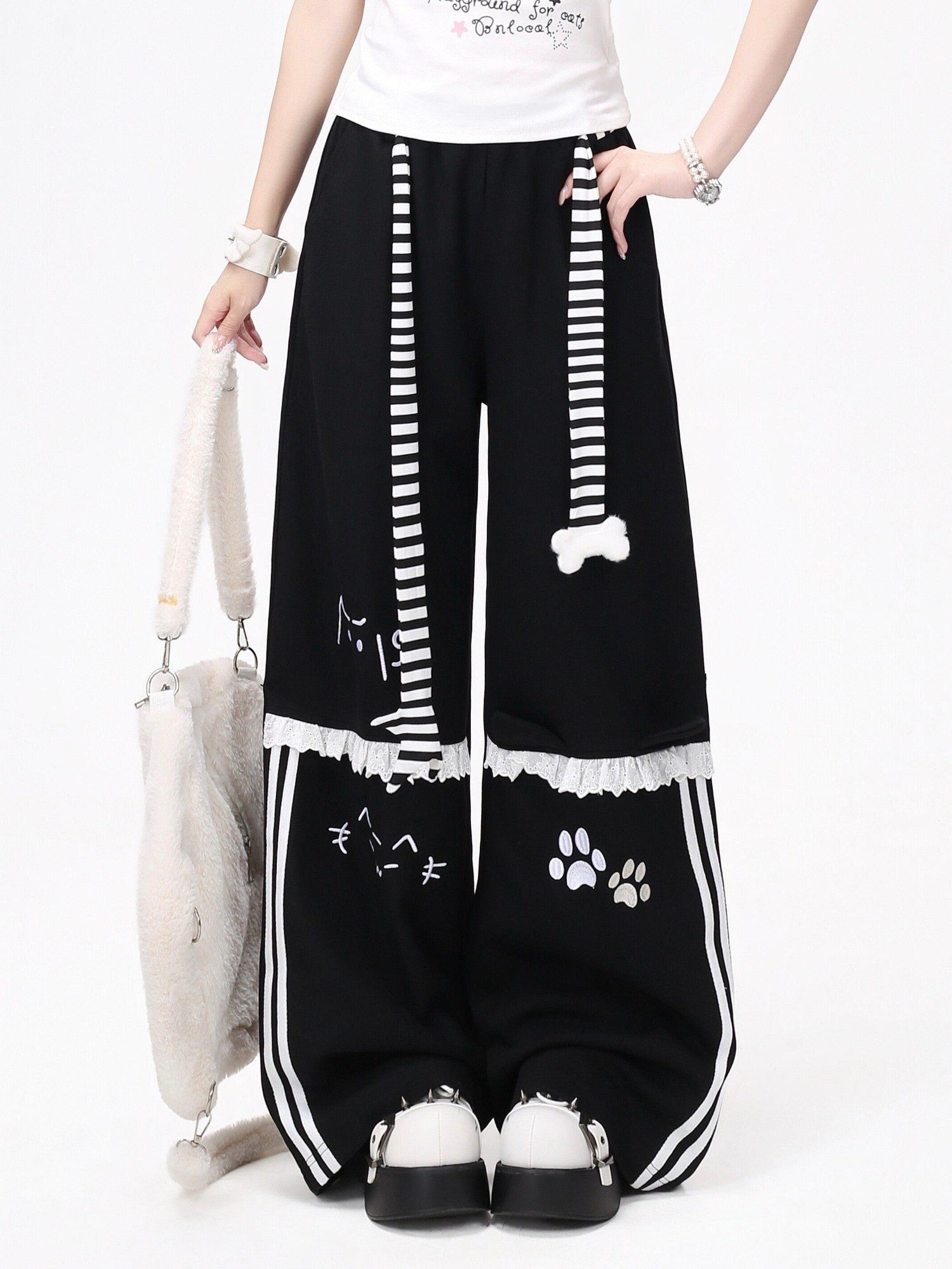 CRAZYGIRL Embroidered Cat Lace Trim Polka Dot High Waist Women's Relaxed Straight Chinos