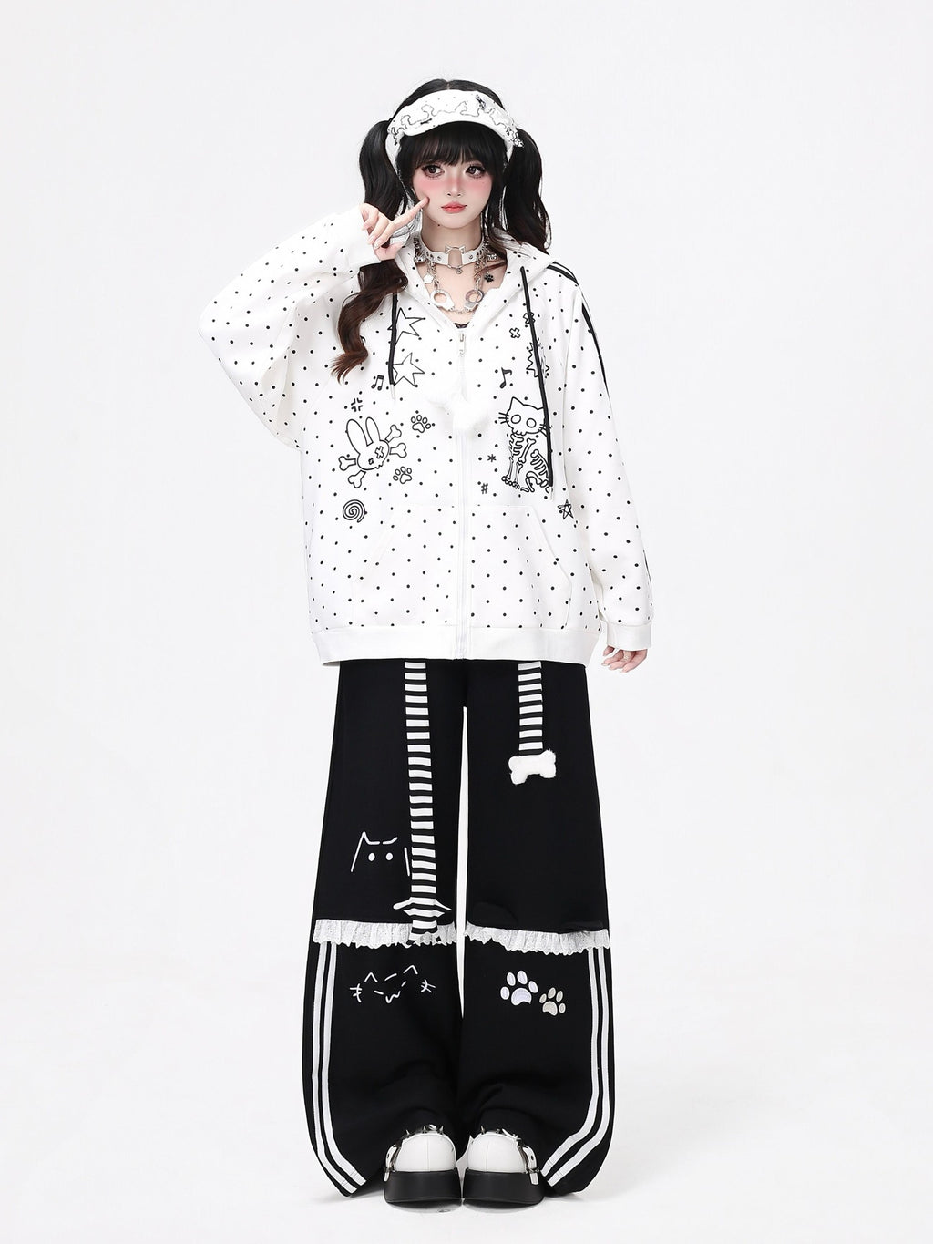 CRAZYGIRL Embroidered Cat Lace Trim Polka Dot High Waist Women's Relaxed Straight Chinos