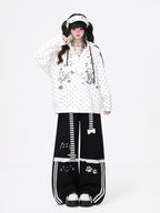 CRAZYGIRL Embroidered Cat Lace Trim Polka Dot High Waist Women's Relaxed Straight Chinos