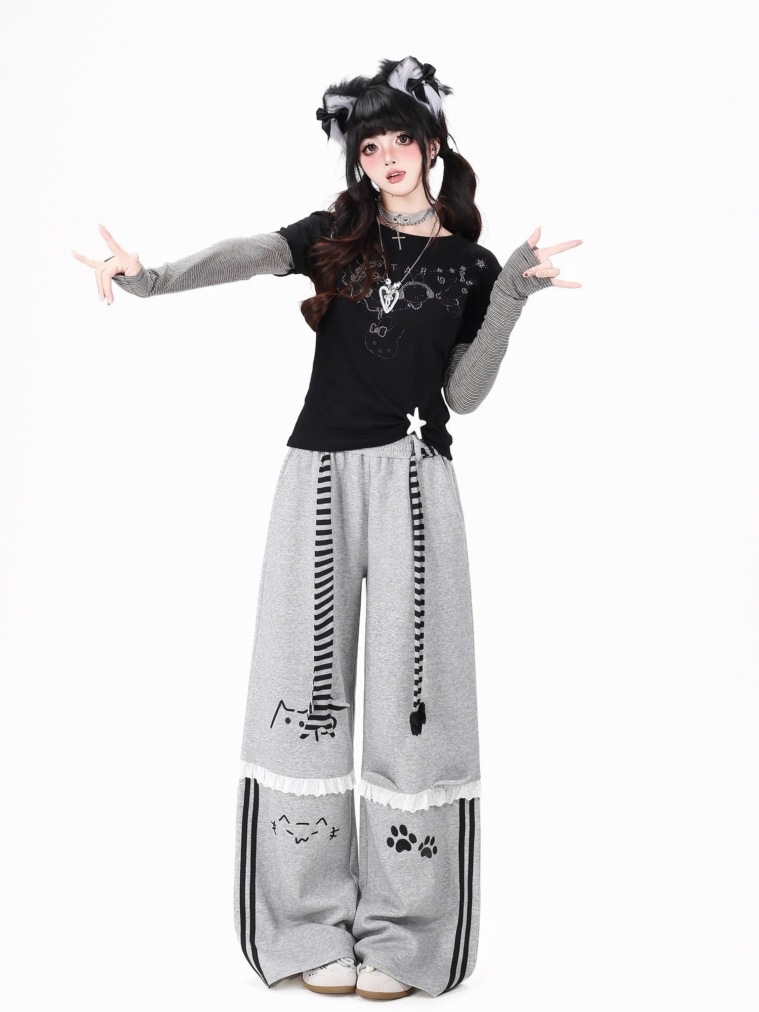 CRAZYGIRL Embroidered Cat Lace Trim Polka Dot High Waist Women's Relaxed Straight Chinos