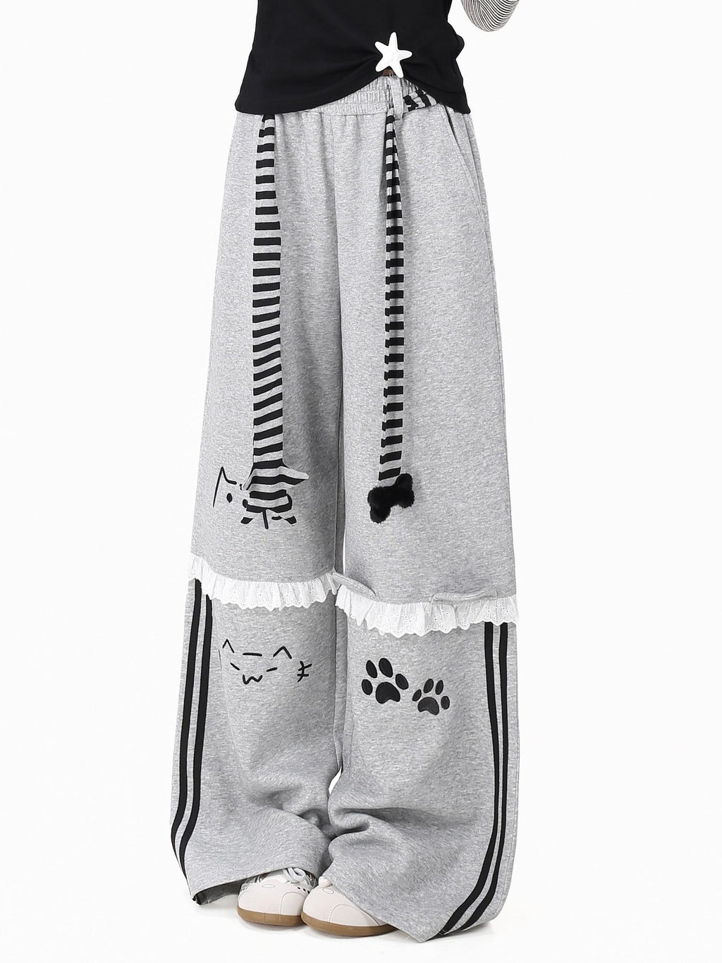 CRAZYGIRL Embroidered Cat Lace Trim Polka Dot High Waist Women's Relaxed Straight Chinos