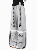 CRAZYGIRL Embroidered Cat Lace Trim Polka Dot High Waist Women's Relaxed Straight Chinos