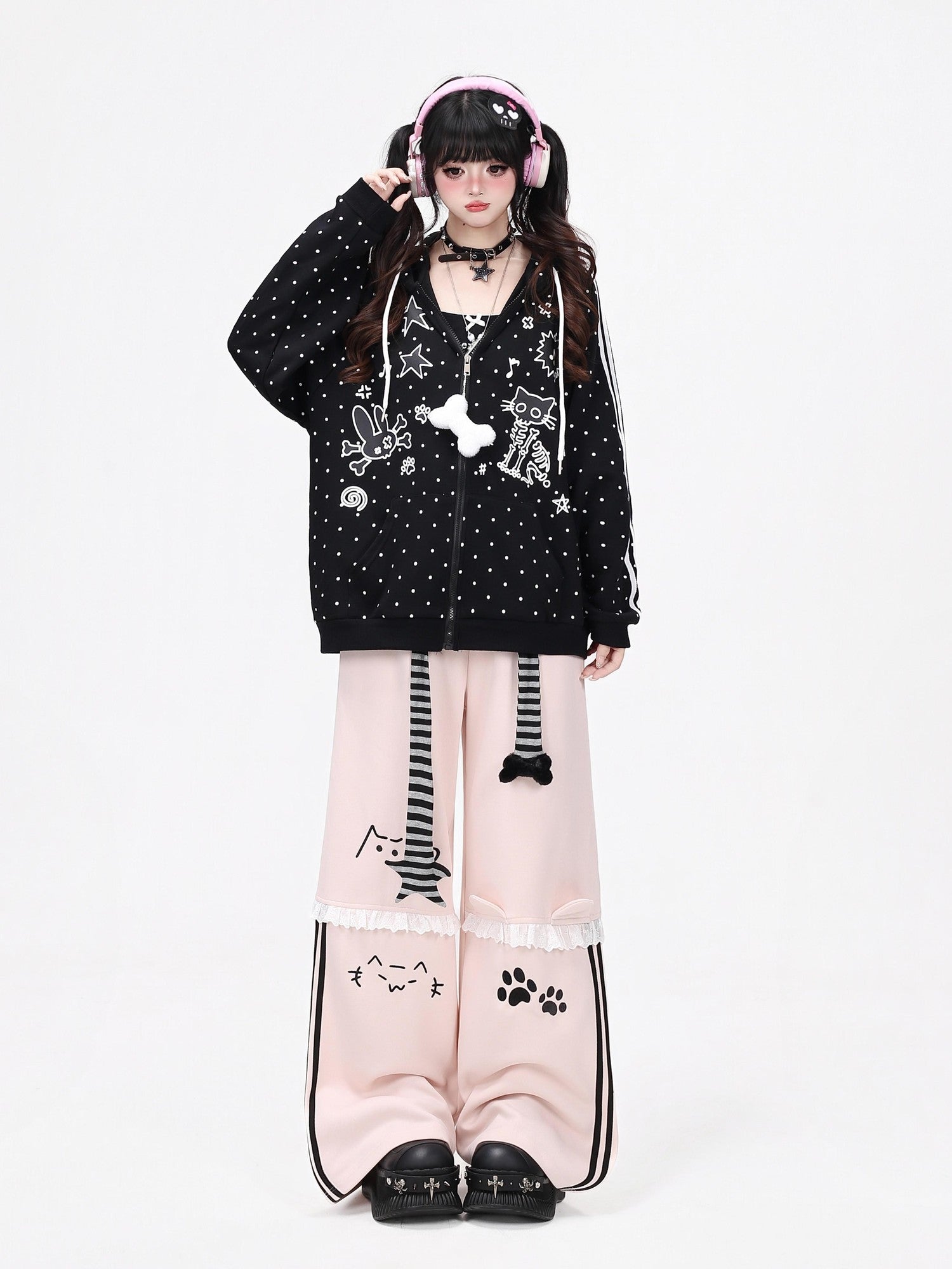 CRAZYGIRL Embroidered Cat Lace Trim Polka Dot High Waist Women's Relaxed Straight Chinos