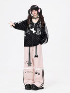 CRAZYGIRL Embroidered Cat Lace Trim Polka Dot High Waist Women's Relaxed Straight Chinos