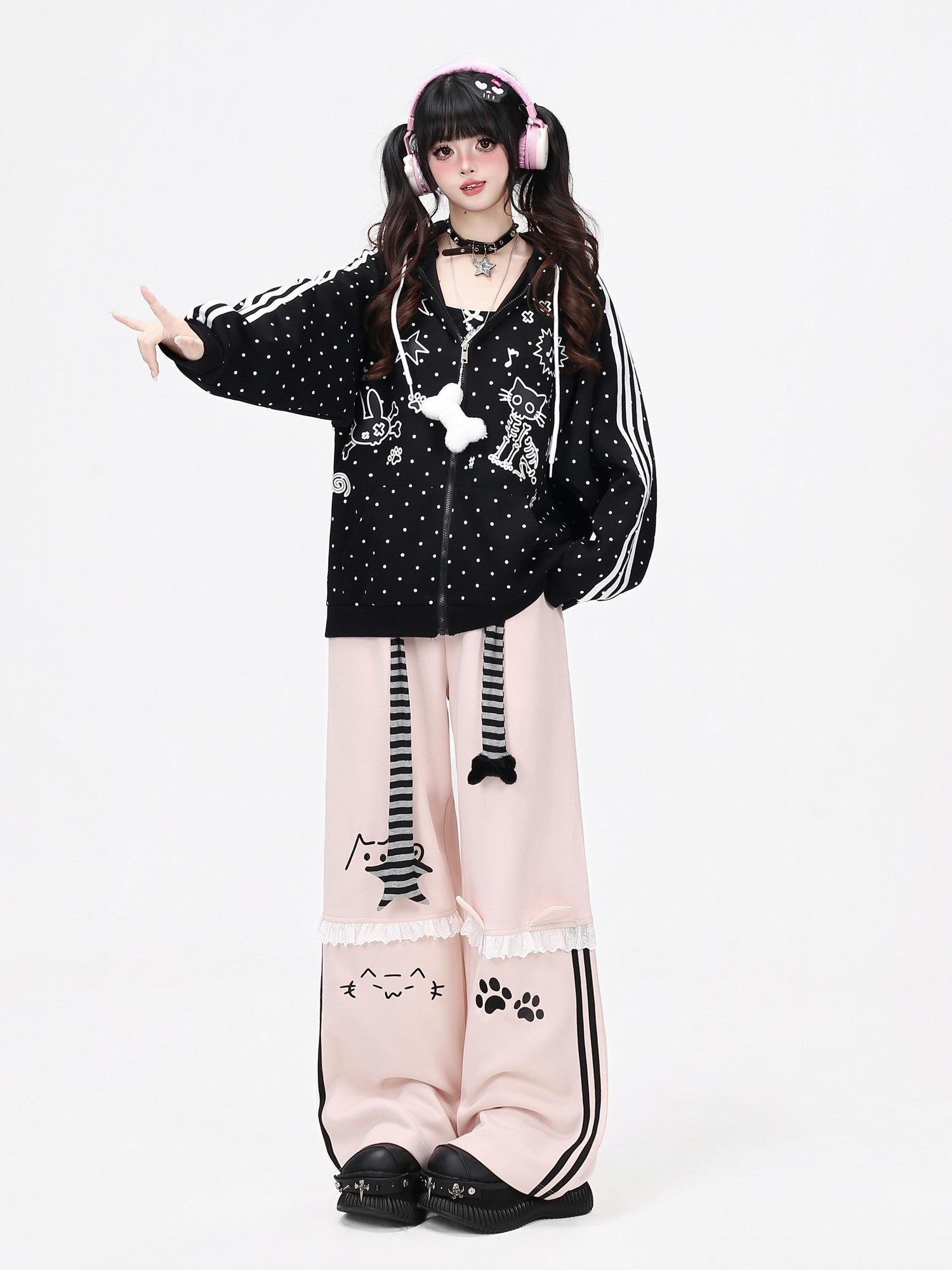 CRAZYGIRL Embroidered Cat Lace Trim Polka Dot High Waist Women's Relaxed Straight Chinos