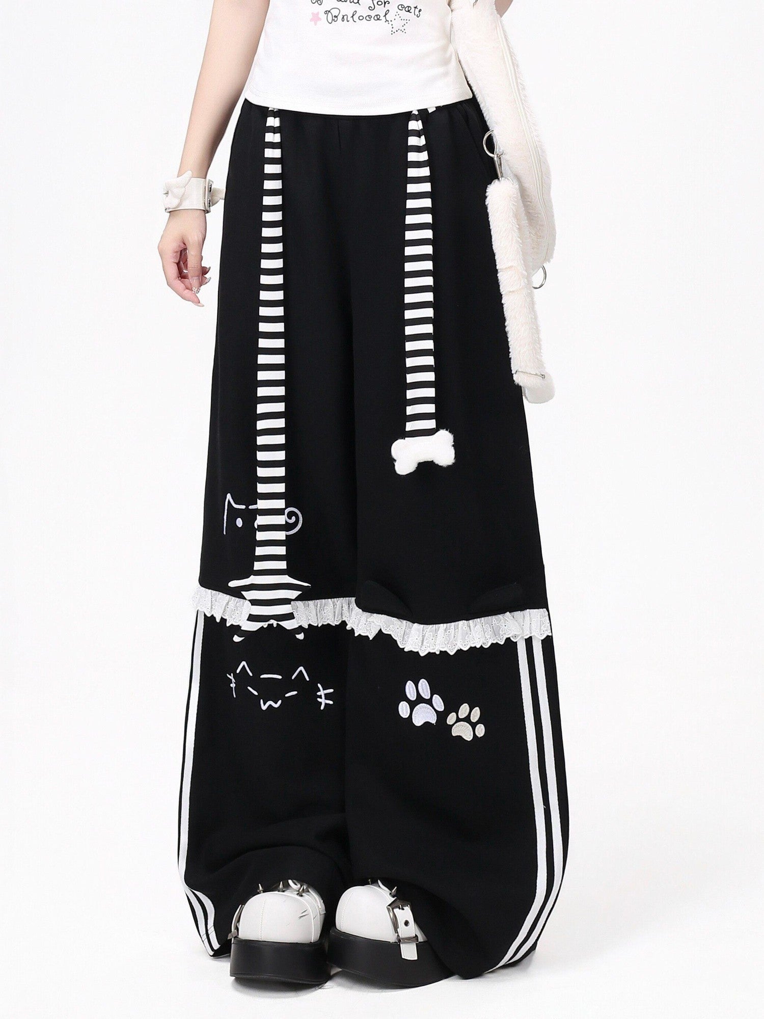 CRAZYGIRL Embroidered Cat Lace Trim Polka Dot High Waist Women's Relaxed Straight Chinos