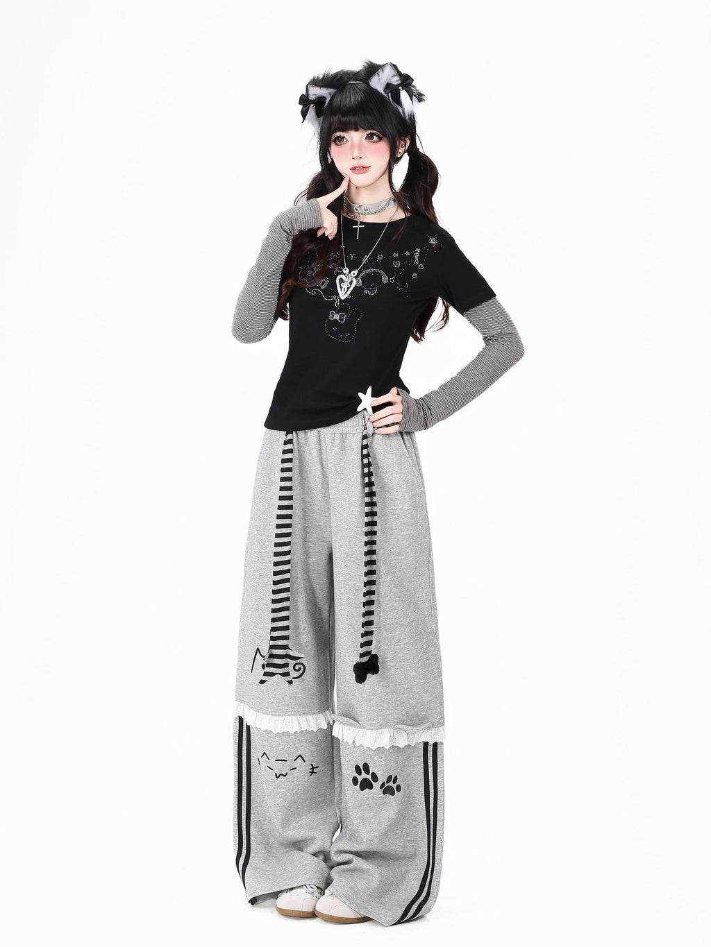 CRAZYGIRL Embroidered Cat Lace Trim Polka Dot High Waist Women's Relaxed Straight Chinos