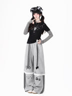 CRAZYGIRL Embroidered Cat Lace Trim Polka Dot High Waist Women's Relaxed Straight Chinos