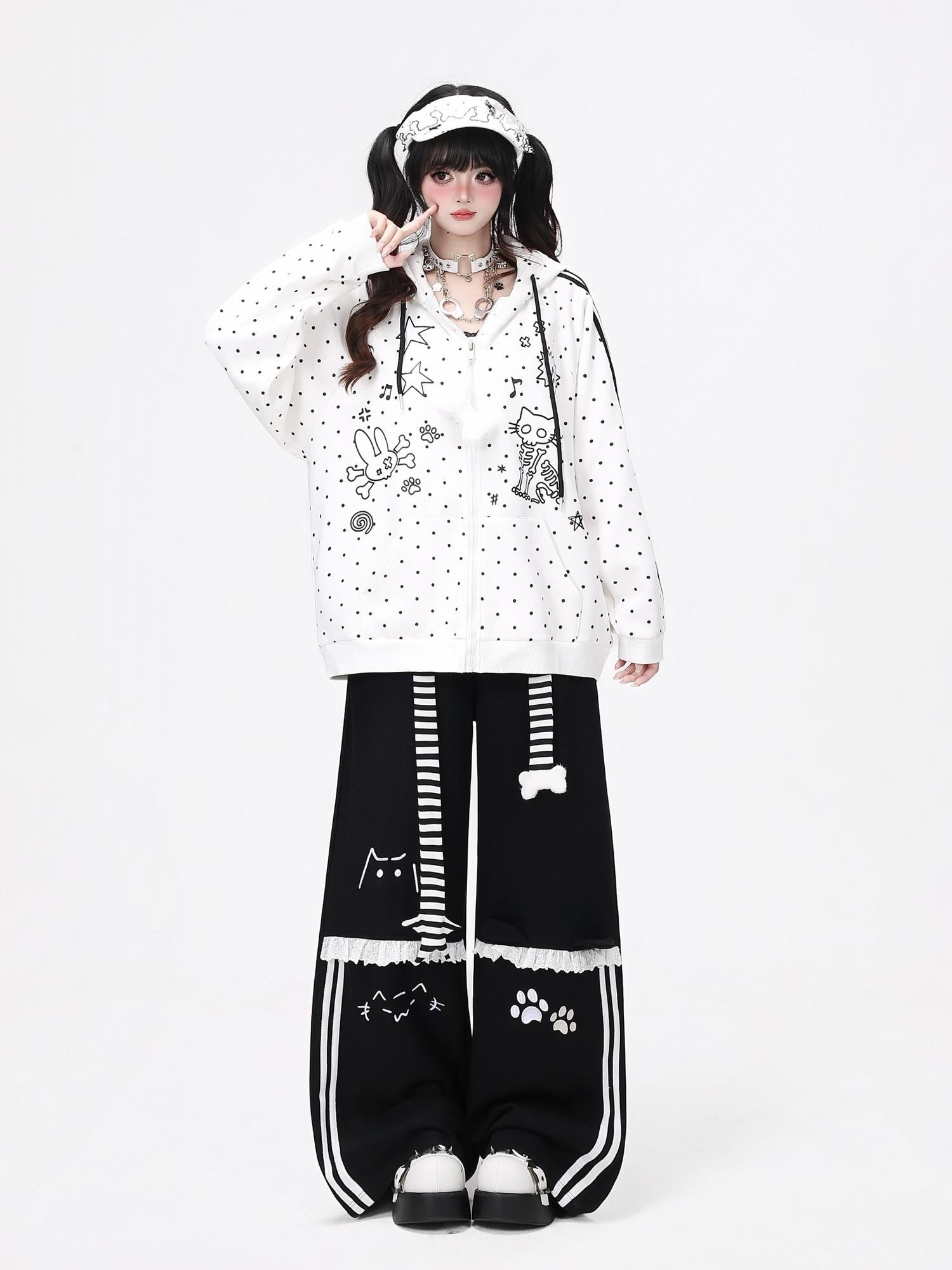 CRAZYGIRL Embroidered Cat Lace Trim Polka Dot High Waist Women's Relaxed Straight Chinos