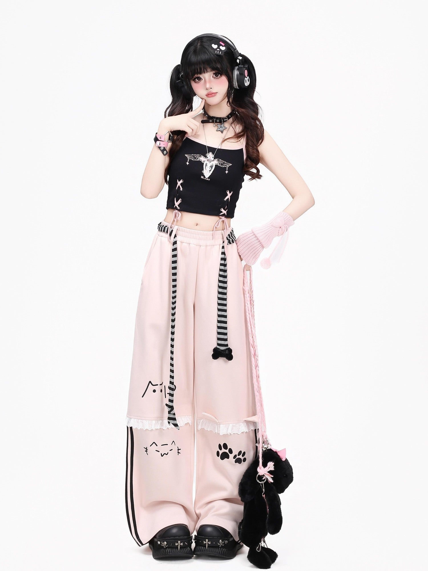 CRAZYGIRL Embroidered Cat Lace Trim Polka Dot High Waist Women's Relaxed Straight Chinos