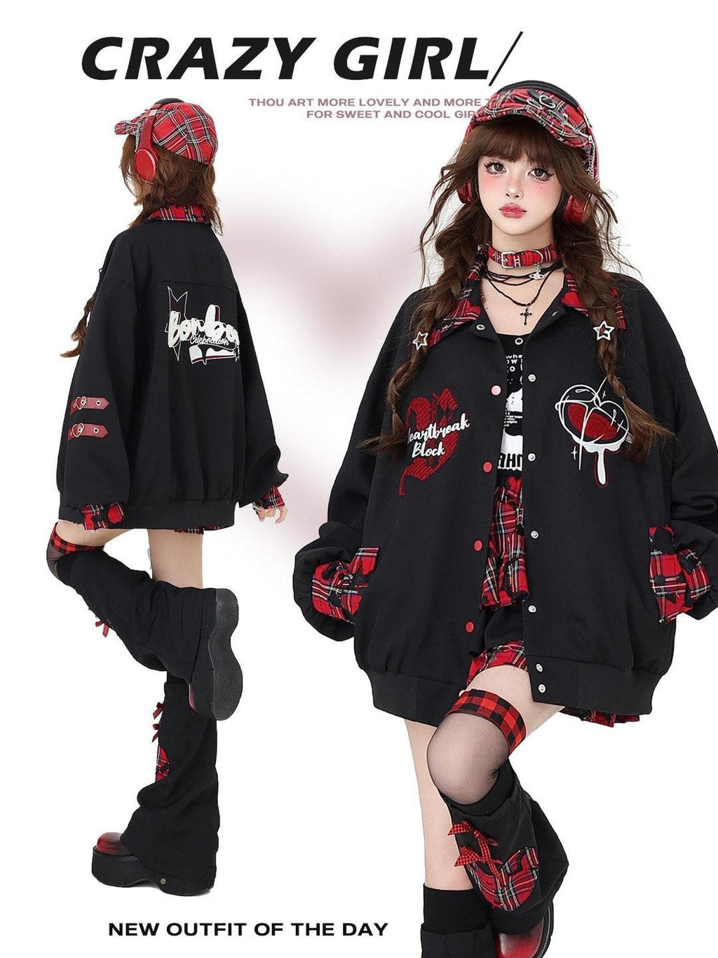 CRAZYGIRL Embroidered Plaid Patchwork Lapel Collar Baseball Style Women's Casual Jackets