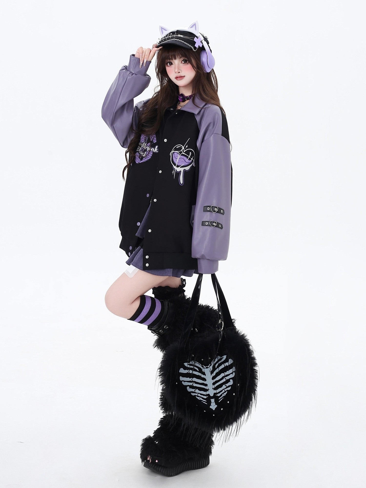 CRAZYGIRL Embroidered Plaid Patchwork Lapel Collar Baseball Style Women's Casual Jackets
