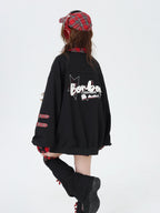 CRAZYGIRL Embroidered Plaid Patchwork Lapel Collar Baseball Style Women's Casual Jackets