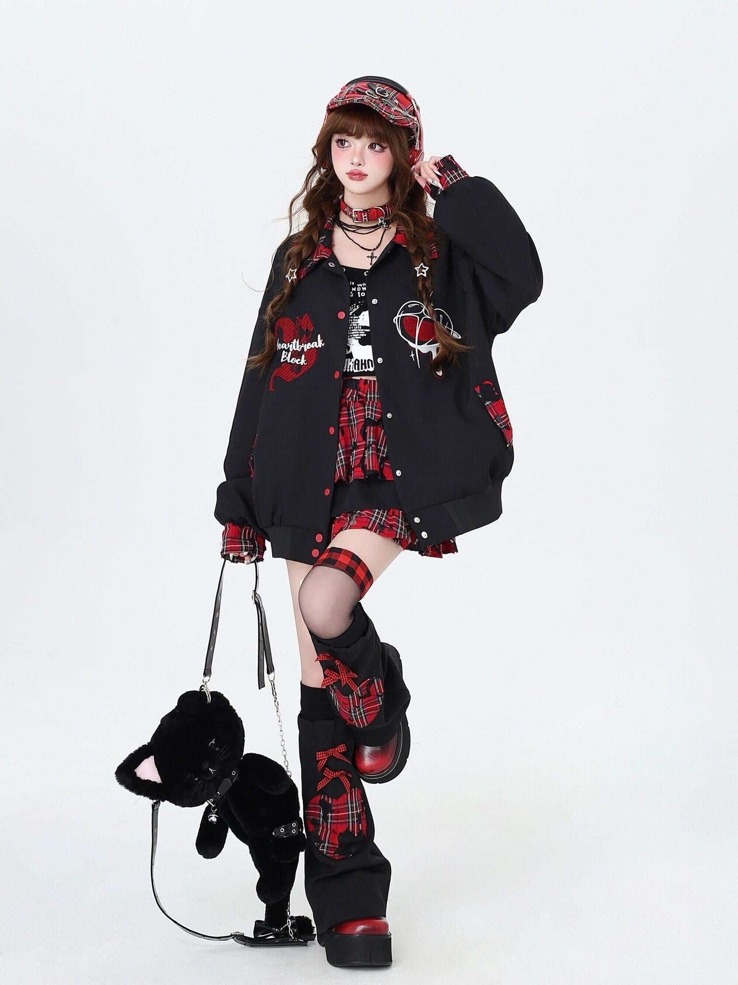 CRAZYGIRL Embroidered Plaid Patchwork Lapel Collar Baseball Style Women's Casual Jackets