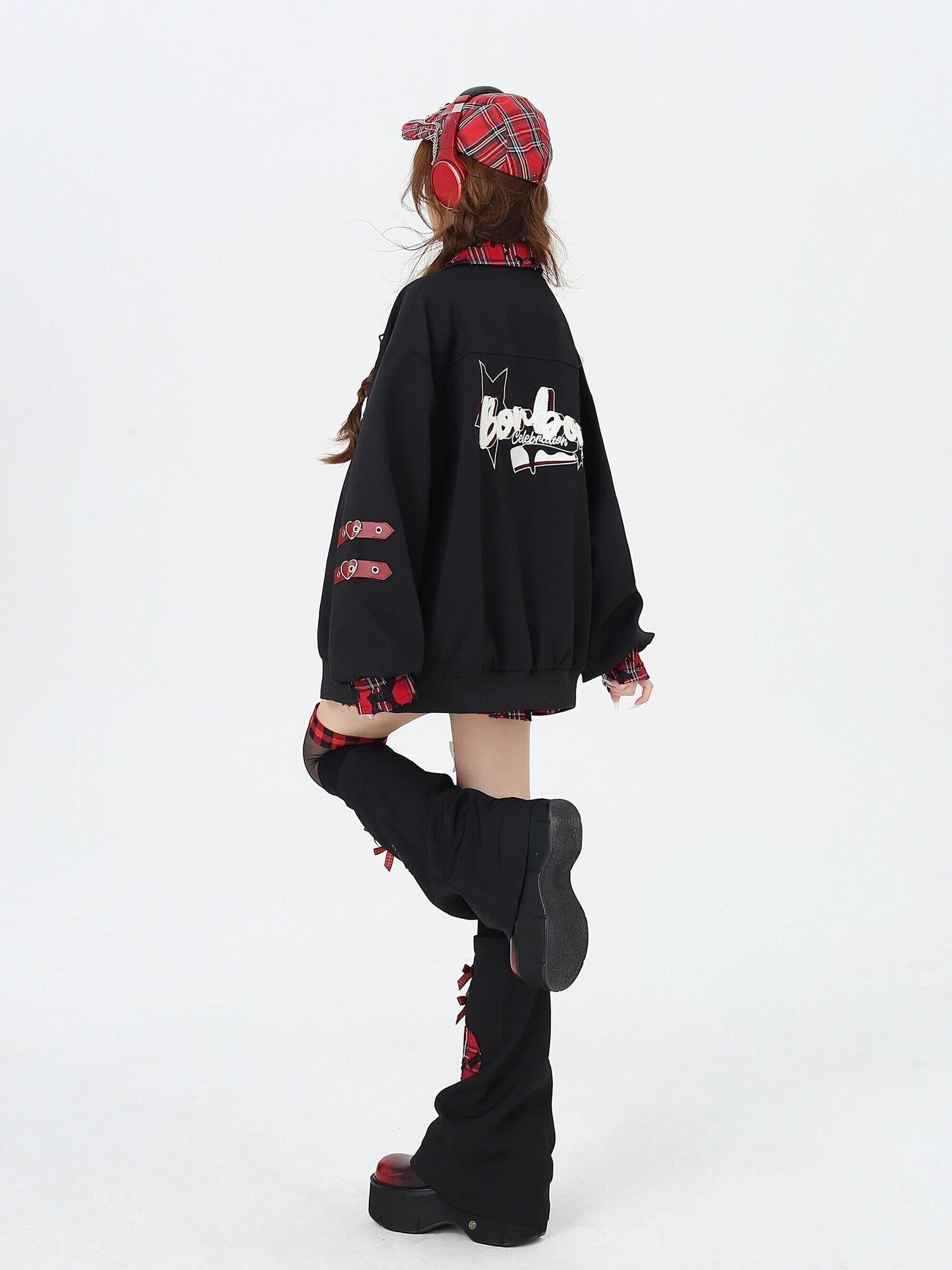 CRAZYGIRL Embroidered Plaid Patchwork Lapel Collar Baseball Style Women's Casual Jackets