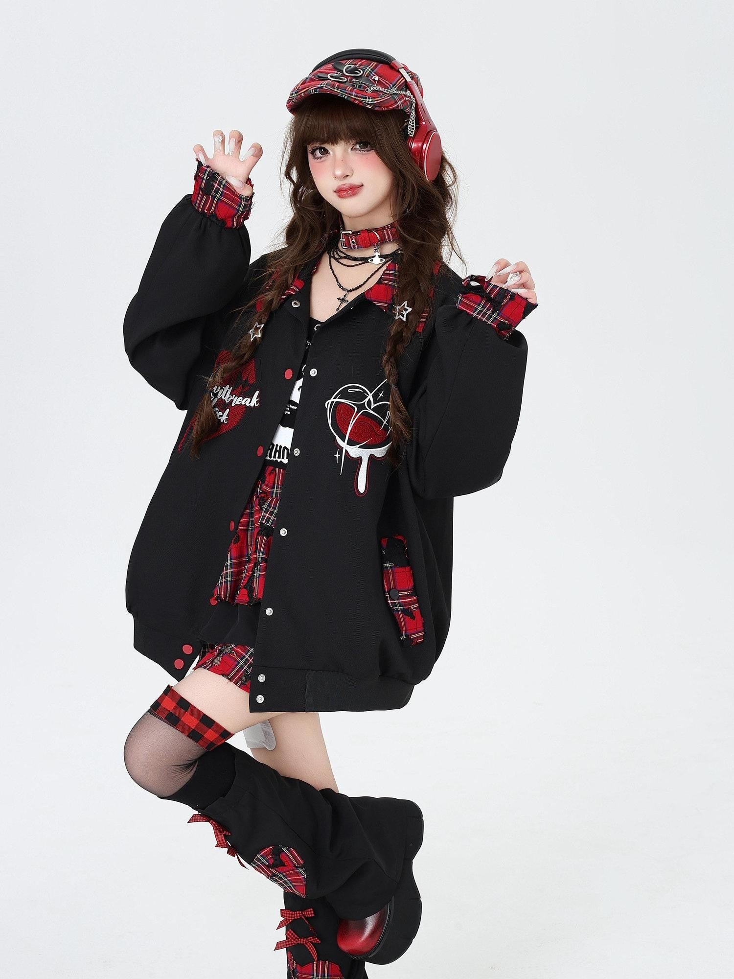 CRAZYGIRL Embroidered Plaid Patchwork Lapel Collar Baseball Style Women's Casual Jackets