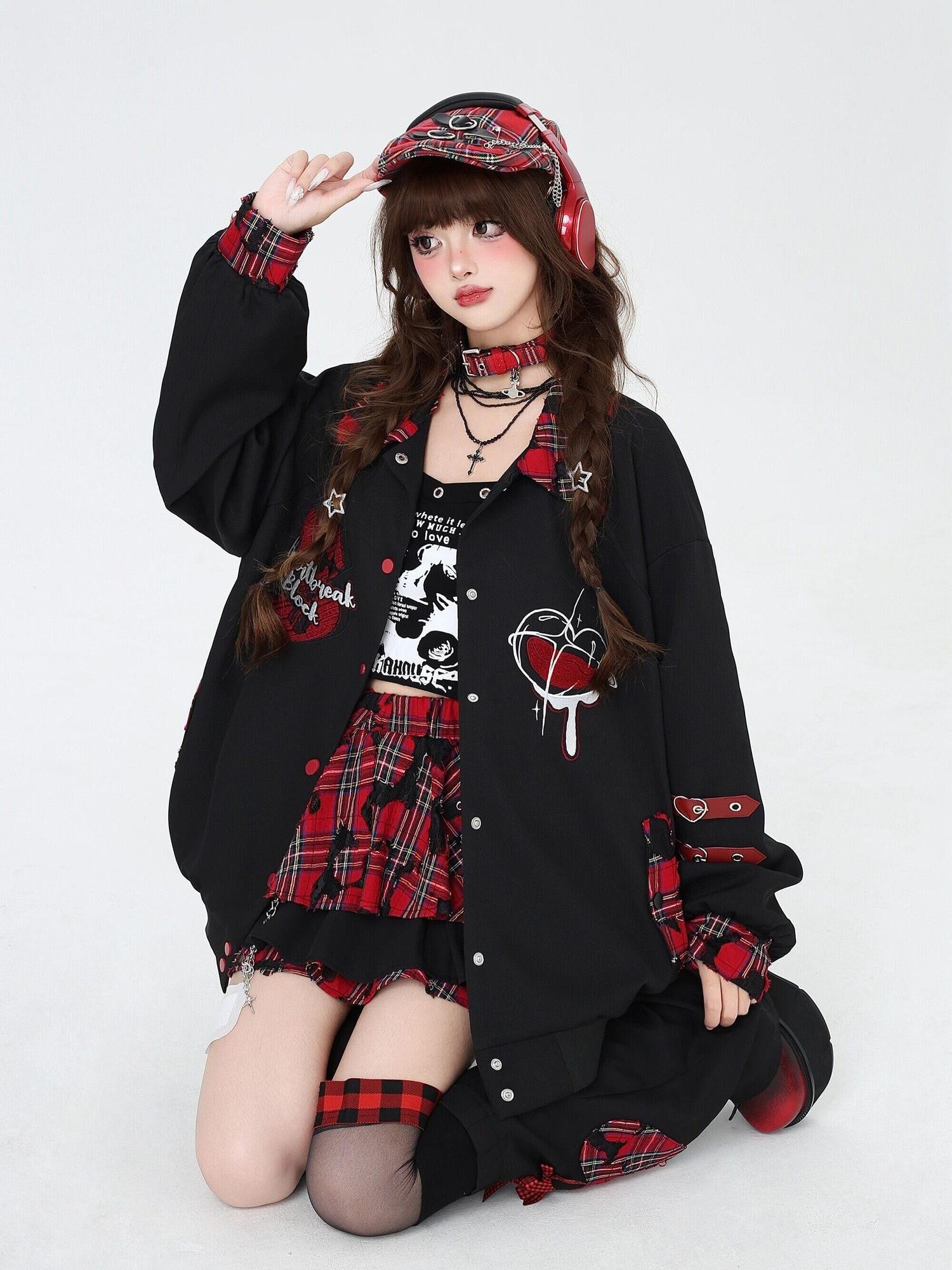 CRAZYGIRL Embroidered Plaid Patchwork Lapel Collar Baseball Style Women's Casual Jackets
