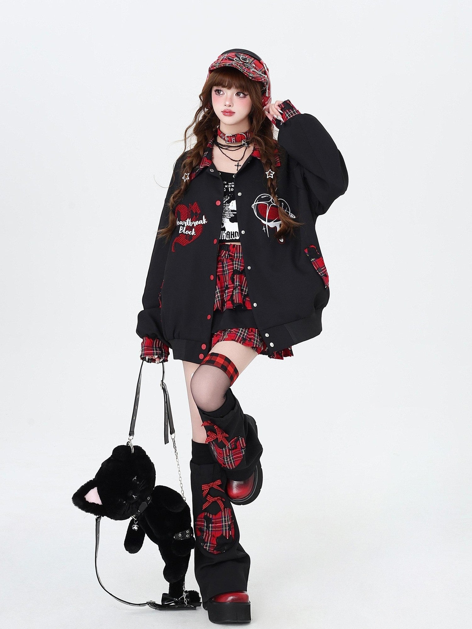CRAZYGIRL Embroidered Plaid Patchwork Lapel Collar Baseball Style Women's Casual Jackets