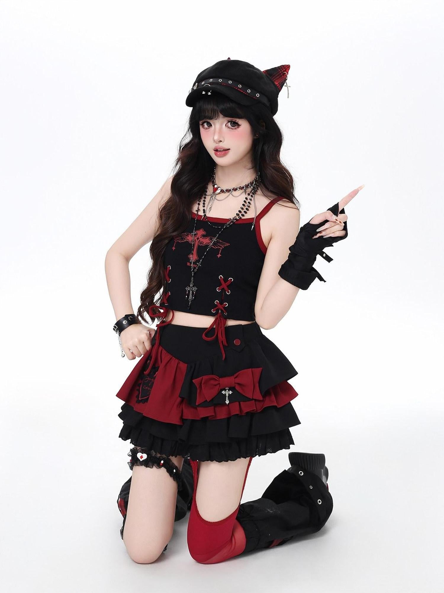 CRAZYGIRL Floral Embroidered Lace Up High Waist Tiered Women's Puff Mini Skirts