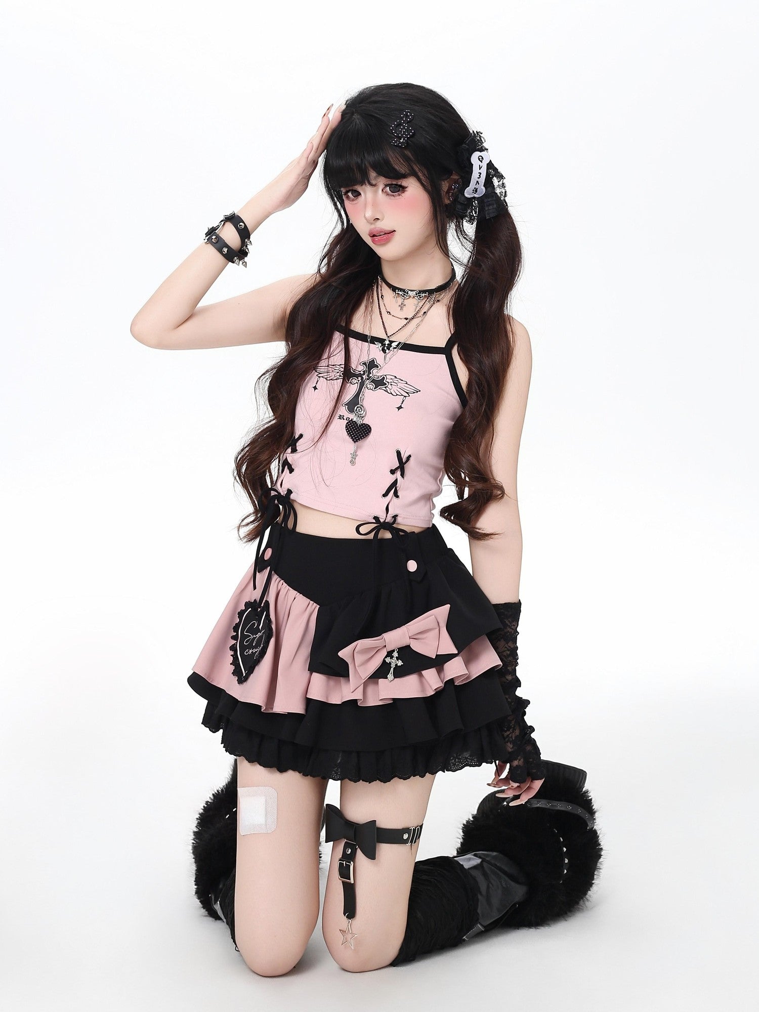 CRAZYGIRL Floral Embroidered Lace Up High Waist Tiered Women's Puff Mini Skirts
