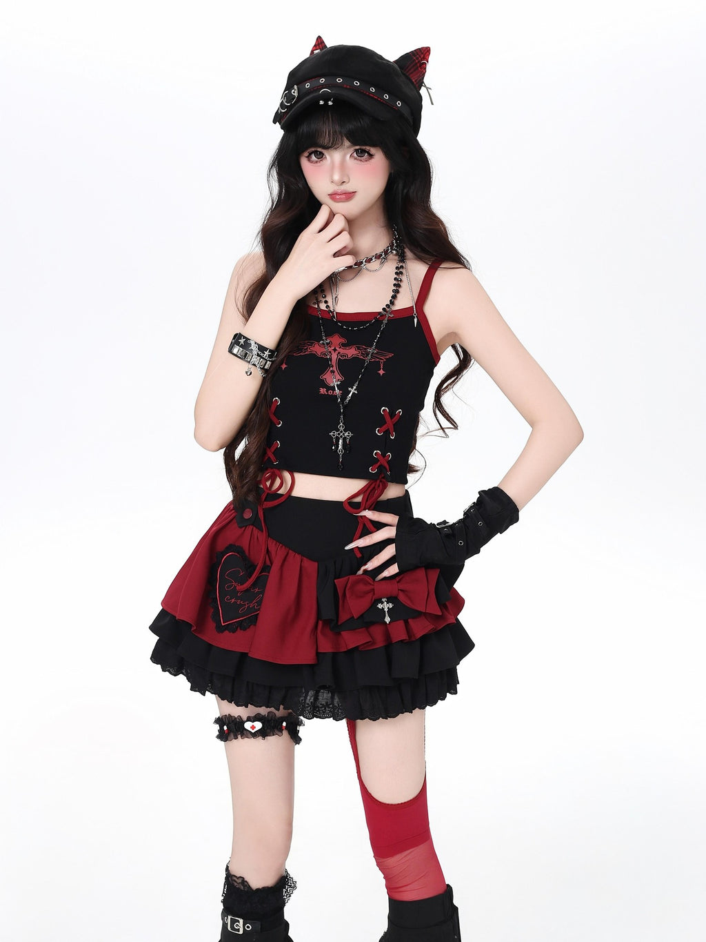 CRAZYGIRL Floral Embroidered Lace Up High Waist Tiered Women's Puff Mini Skirts