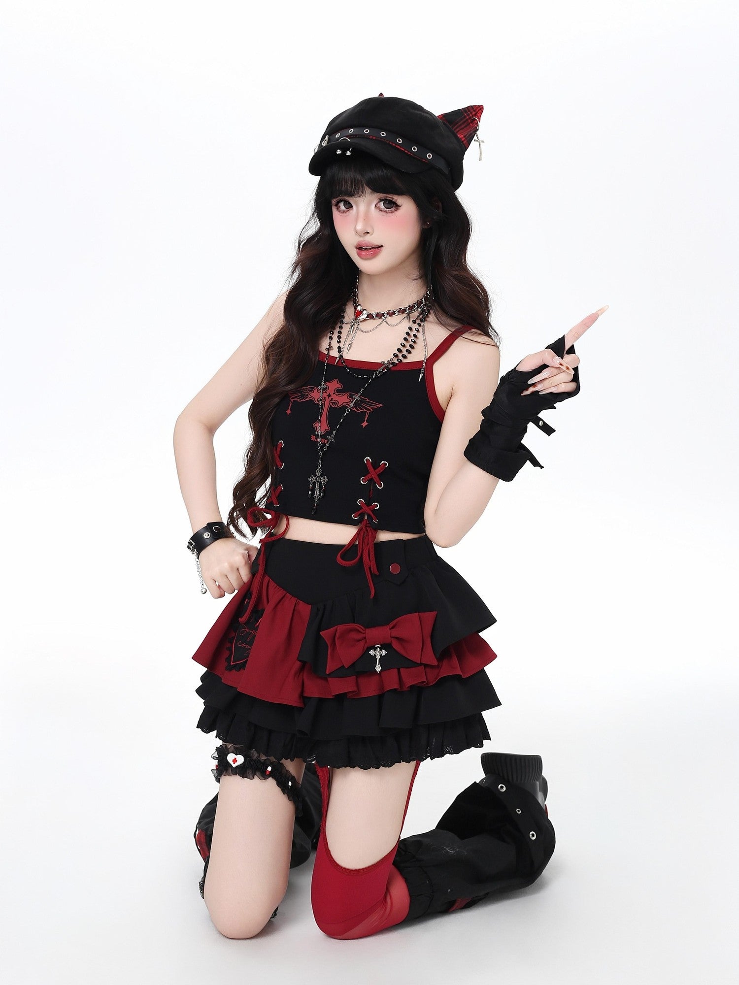 CRAZYGIRL Floral Embroidered Lace Up High Waist Tiered Women's Puff Mini Skirts