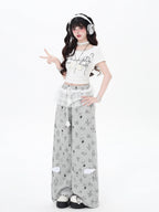 CRAZYGIRL Floral Print Lace Trim High Waist Straight Leg Women's Sweatpants/joggers
