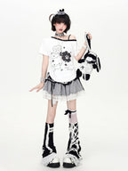 CRAZYGIRL Four Leaf Clover Print Slanted Drawstring Cropped Women's Short Sleeve T-shirts