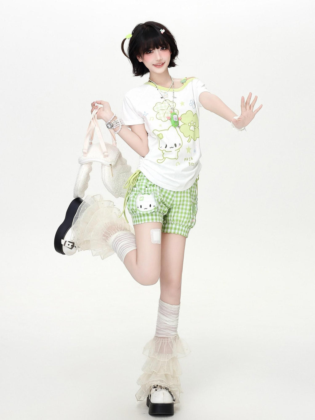 CRAZYGIRL Four Leaf Clover Print Slanted Drawstring Cropped Women's Short Sleeve T-shirts