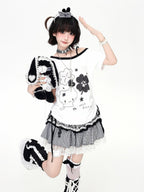 CRAZYGIRL Four Leaf Clover Print Slanted Drawstring Cropped Women's Short Sleeve T-shirts