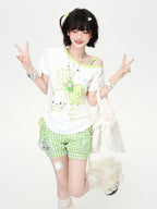 CRAZYGIRL Four Leaf Clover Print Slanted Drawstring Cropped Women's Short Sleeve T-shirts