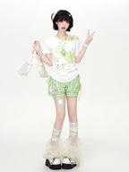 CRAZYGIRL Four Leaf Clover Print Slanted Drawstring Cropped Women's Short Sleeve T-shirts