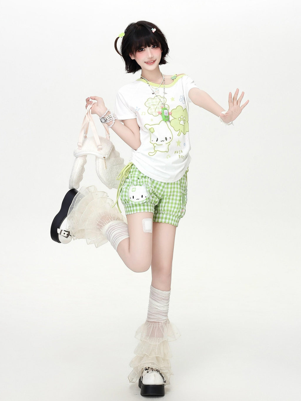 CRAZYGIRL Four Leaf Clover Print Slanted Drawstring Cropped Women's Short Sleeve T-shirts