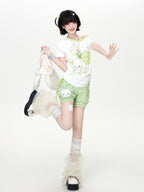 CRAZYGIRL Four Leaf Clover Print Slanted Drawstring Cropped Women's Short Sleeve T-shirts