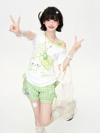 CRAZYGIRL Four Leaf Clover Print Slanted Drawstring Cropped Women's Short Sleeve T-shirts