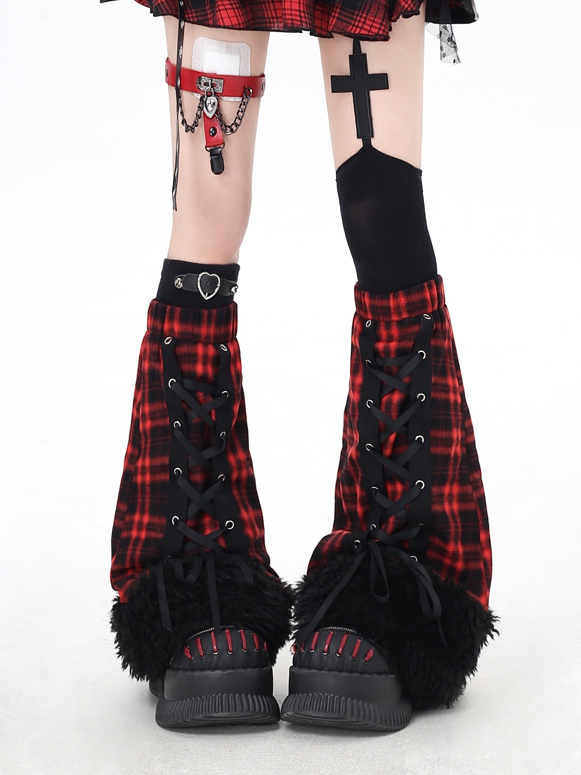CRAZYGIRL_Fuzzy_Gothic_Lace_Up_Plaid_Patchwork_Women's_Faux_Fur_Leg_Warmers_974714937882_MISSTT