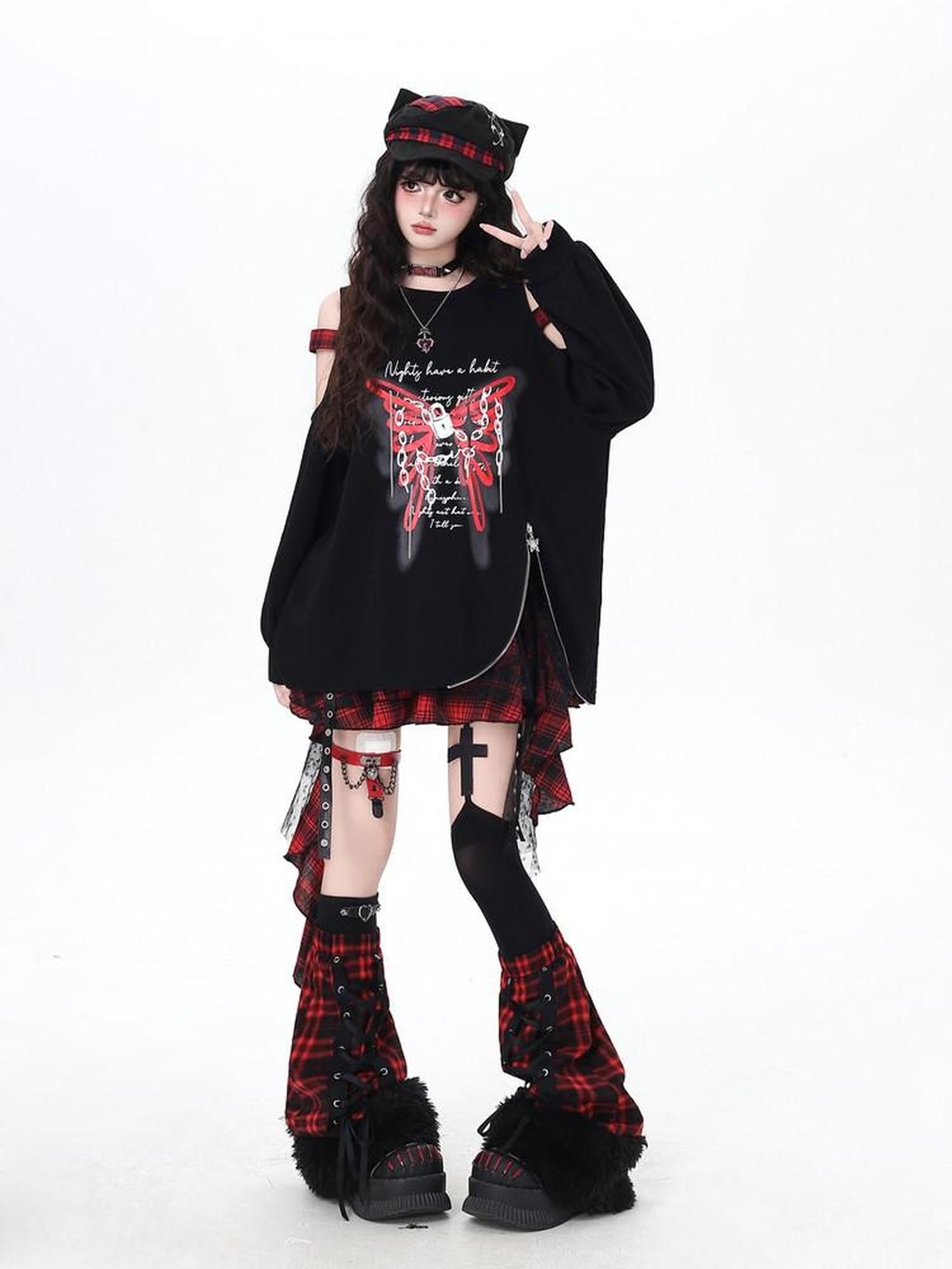 CRAZYGIRL Fuzzy Gothic Lace Up Plaid Patchwork Women's Faux Fur Leg Warmers