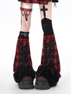 CRAZYGIRL Fuzzy Gothic Lace Up Plaid Patchwork Women's Faux Fur Leg Warmers