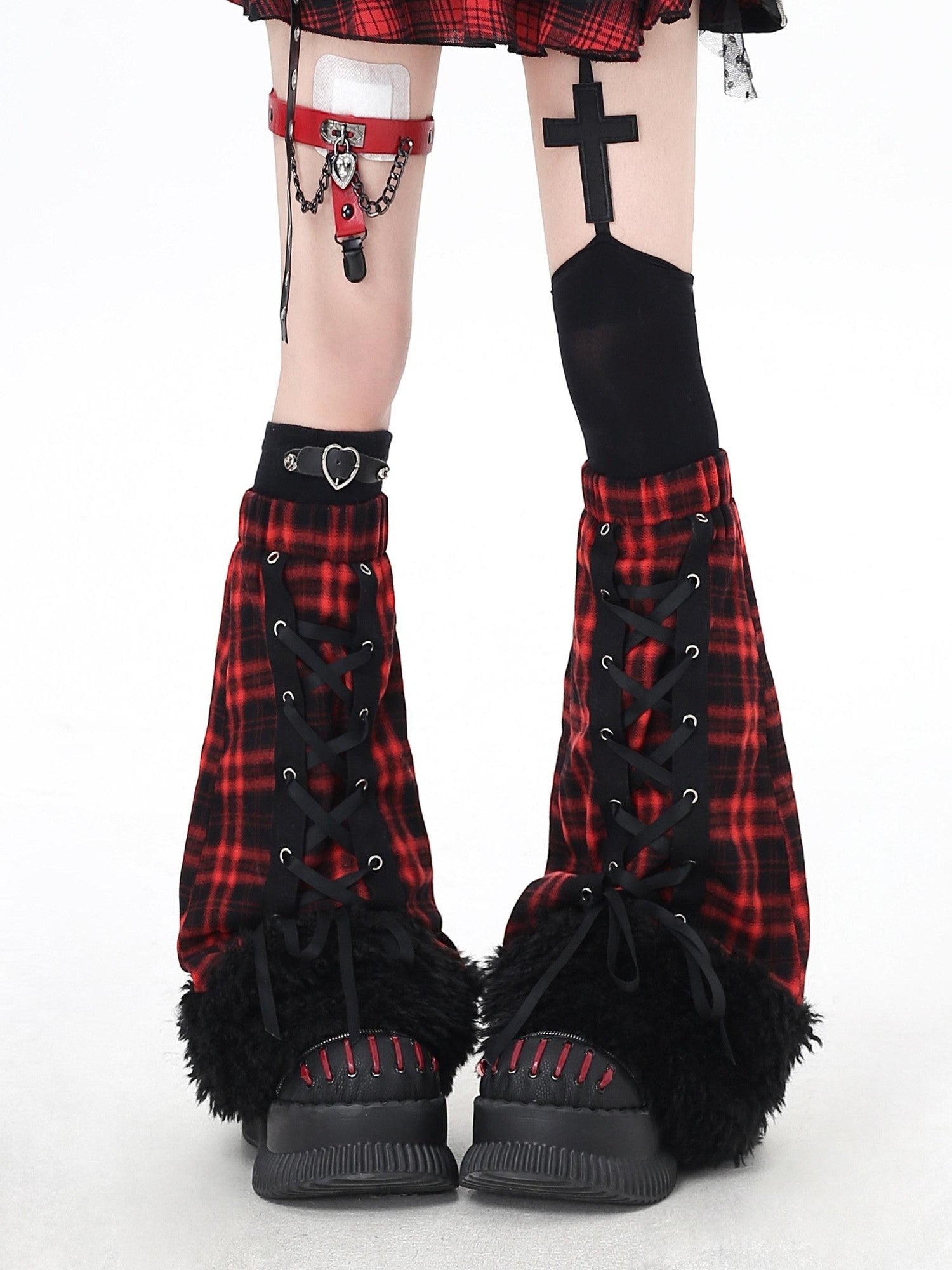 CRAZYGIRL Fuzzy Gothic Lace Up Plaid Patchwork Women's Faux Fur Leg Warmers