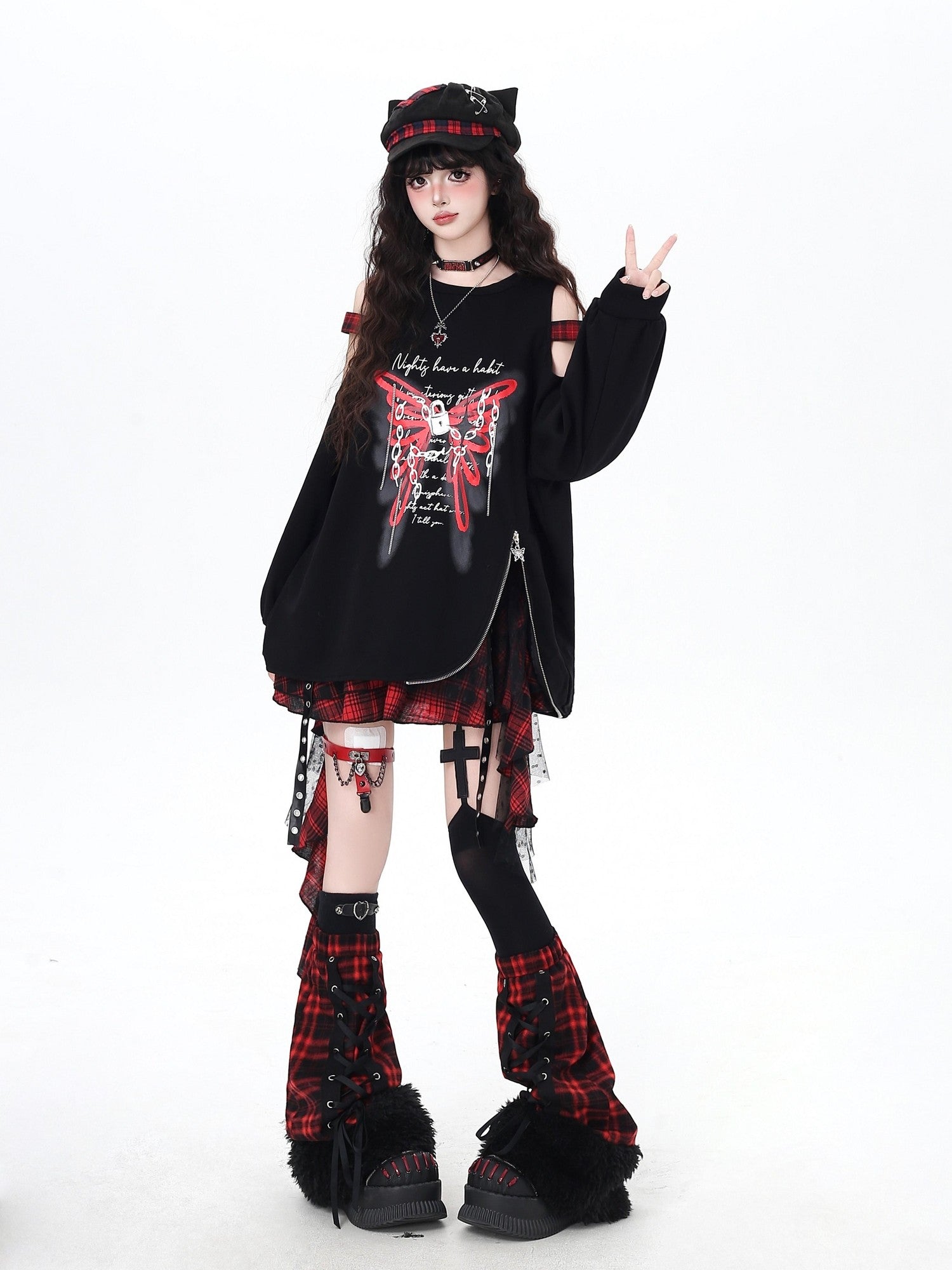 CRAZYGIRL Fuzzy Gothic Lace Up Plaid Patchwork Women's Faux Fur Leg Warmers