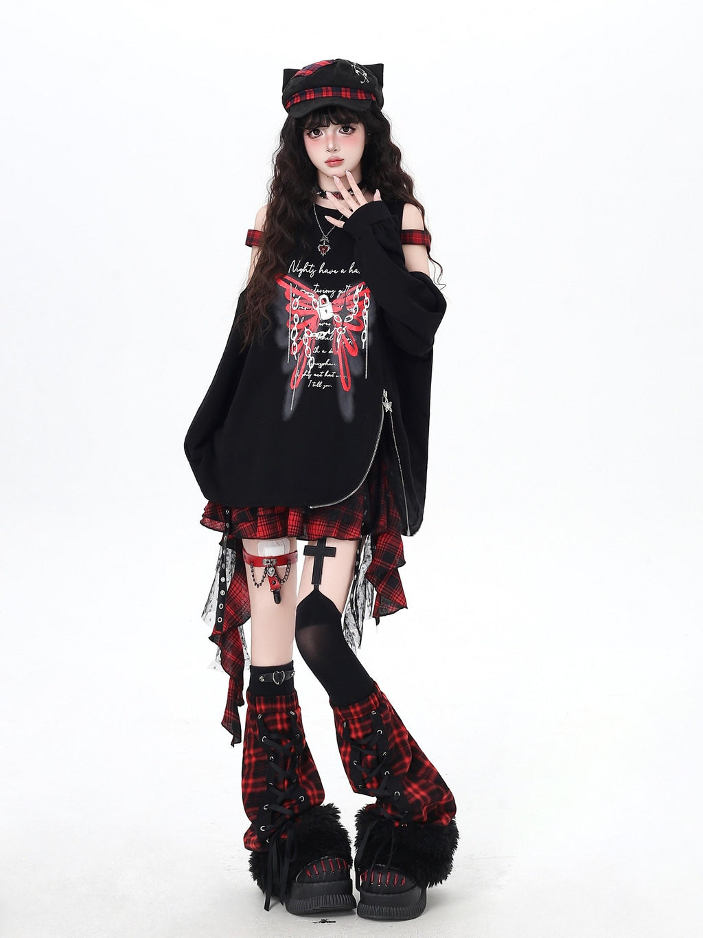CRAZYGIRL Fuzzy Gothic Lace Up Plaid Patchwork Women's Faux Fur Leg Warmers