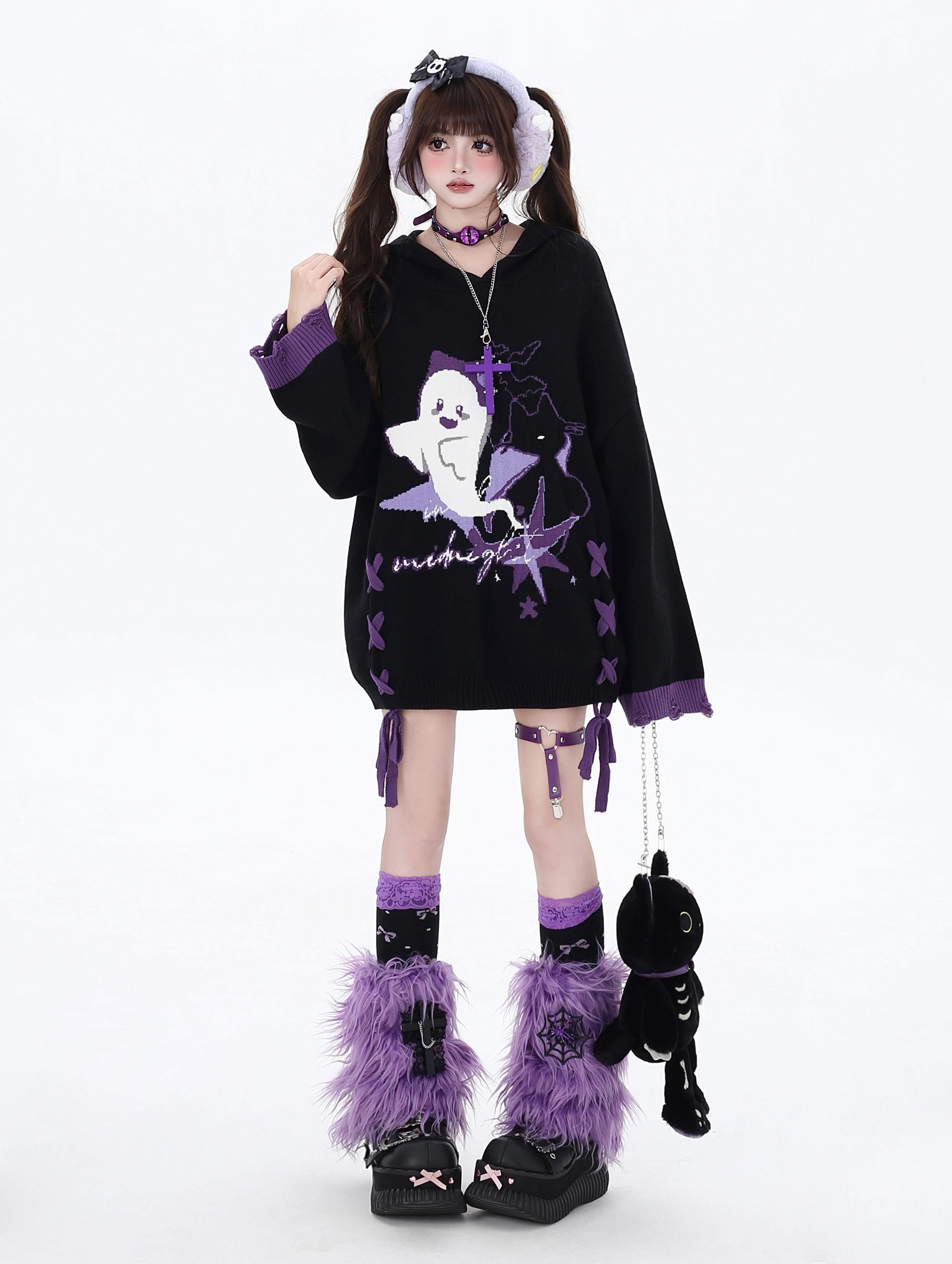 CRAZYGIRL_Ghost_Print_Black_Purple_Colorblock_Lace_Up_Hooded_Loose_Women's_Sweaters_838184584345_MISSTT