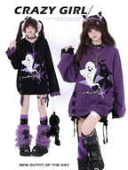 CRAZYGIRL Ghost Print Black Purple Colorblock Lace Up Hooded Loose Women's Sweaters