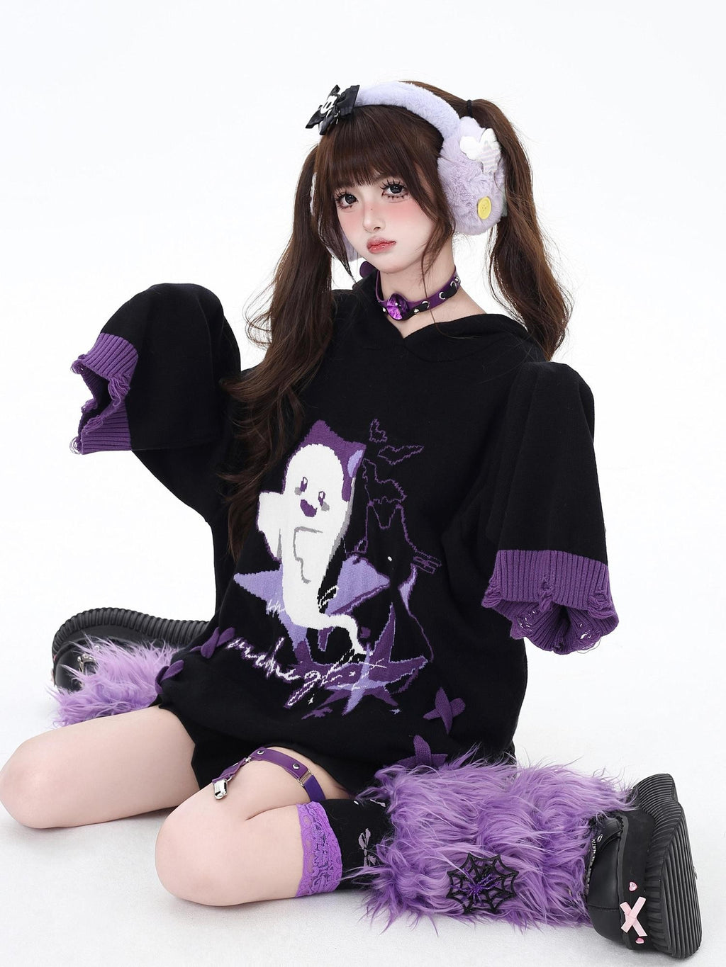 CRAZYGIRL Ghost Print Black Purple Colorblock Lace Up Hooded Loose Women's Sweaters