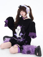 CRAZYGIRL Ghost Print Black Purple Colorblock Lace Up Hooded Loose Women's Sweaters