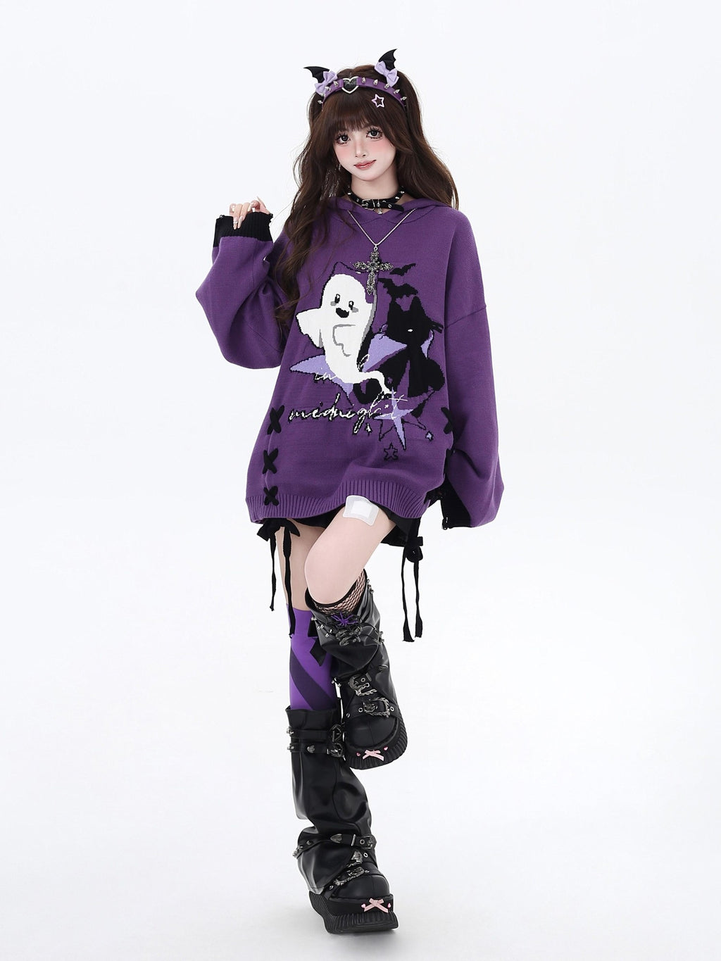 CRAZYGIRL Ghost Print Black Purple Colorblock Lace Up Hooded Loose Women's Sweaters